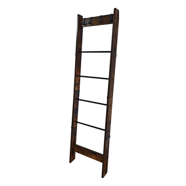 Usajoyen Blanket Ladder 5-Tier Ladder Shelf 4 Removable Hooks Maroon Brown
